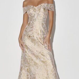 NWT Lulus Illustrious Champagne Jacquard Off-the-Shoulder Maxi Dress